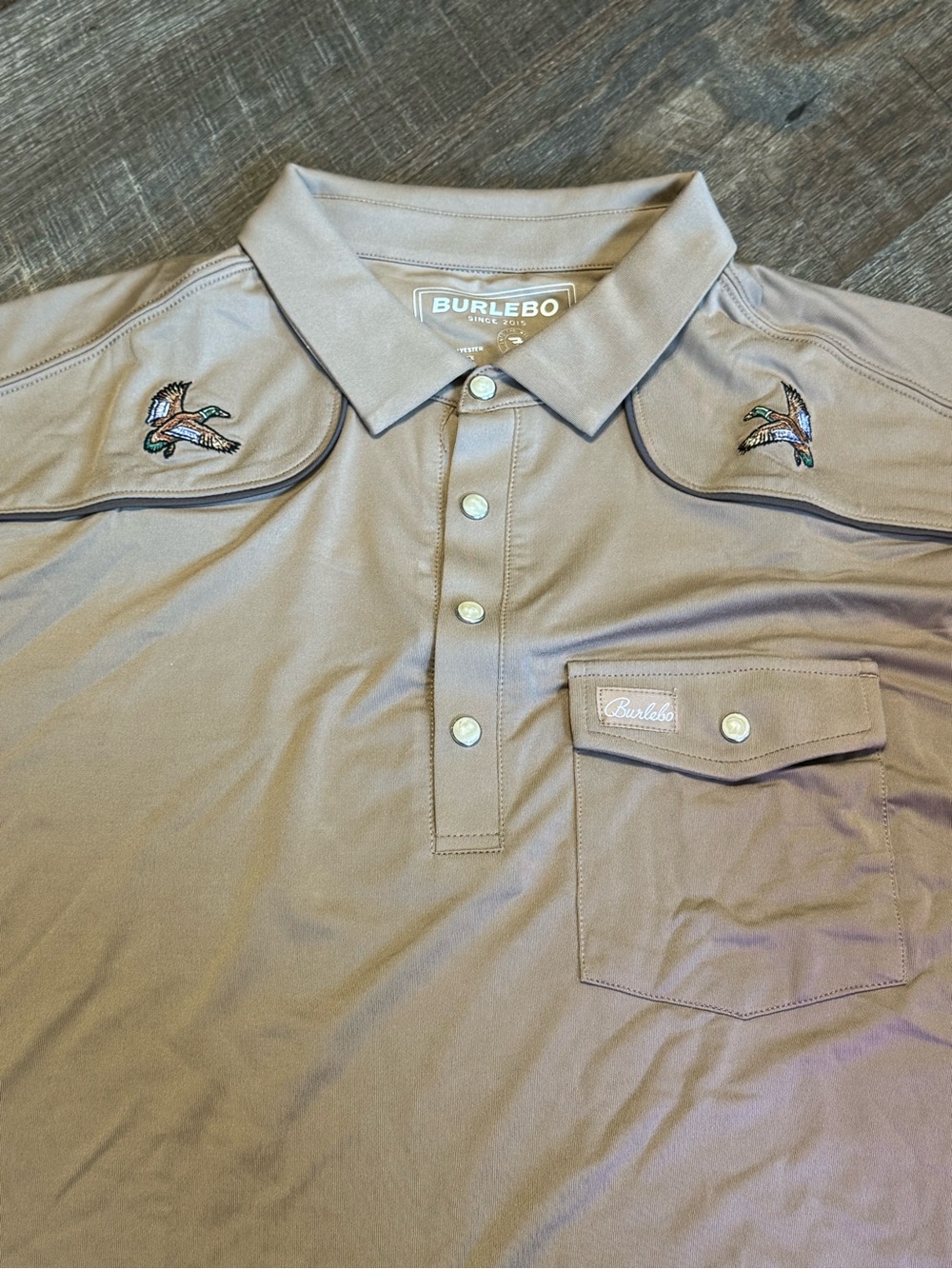 NWT Burlebo Men's Khaki Performance Mallards Polo Shirt Sz Lrg
